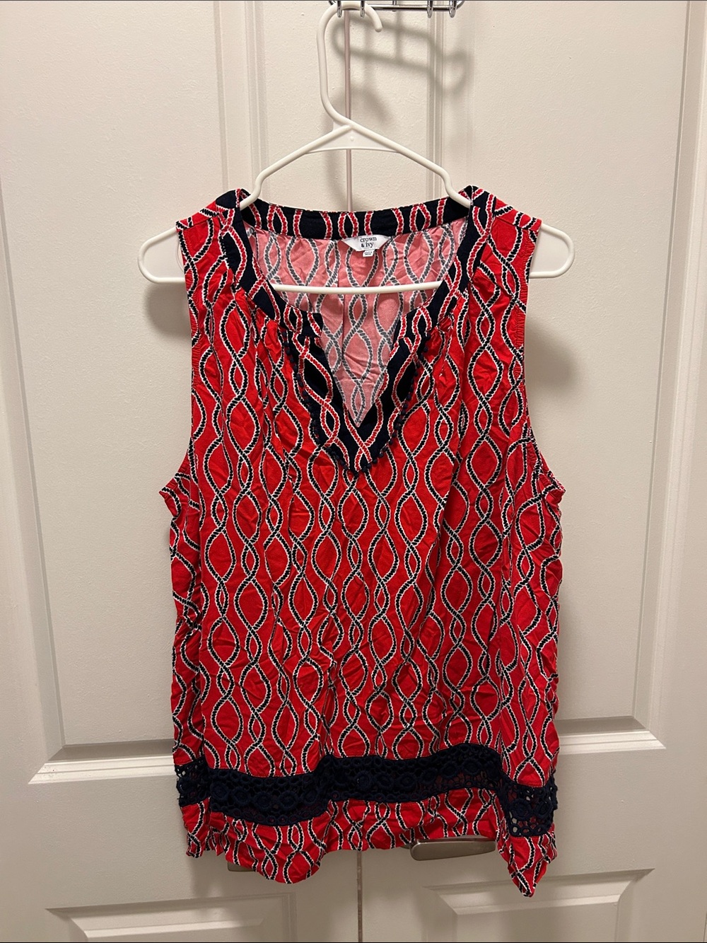 crown & ivy Red Patterned Sleeveless V-Neck Camisole with Navy Trim